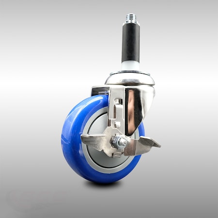 Service Caster 4 Inch 316SS Blue Polyurethane Swivel 3/4 Inch Expanding Stem Caster Brake SCC-SS316EX20S414-PPUB-BLUE-TLB-34